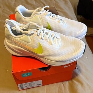 Nike White Sneakers with Neon Yellow Swoosh